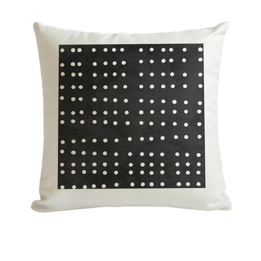 housse de coussin noir et blanc art deco avec un carré noir central décoré de points blancs alignés en grille, design minimaliste et moderne - de face