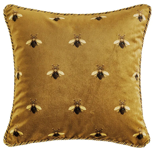 housse de coussin doré 45x45 en velours avec des abeilles brodées et une bordure torsadée or et noire - de face