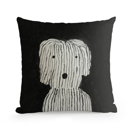 Housse de Coussin Motif Noir et Blanc Art Déco en Peinture abstraite d'un chien en noir et blanc, avec des lignes verticales représentant les poils, sur un fond noir uni et une composition minimaliste - de face