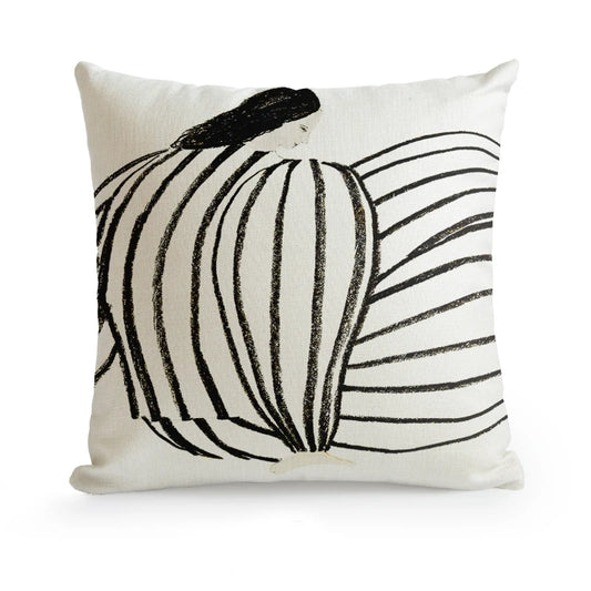 Housse de Coussin Blanc a Lignes Noires abstraite et minimaliste d'un personnage dans une posture détendue, avec des lignes noires fluides sur fond blanc, représentant l'harmonie et la sérénité - de face