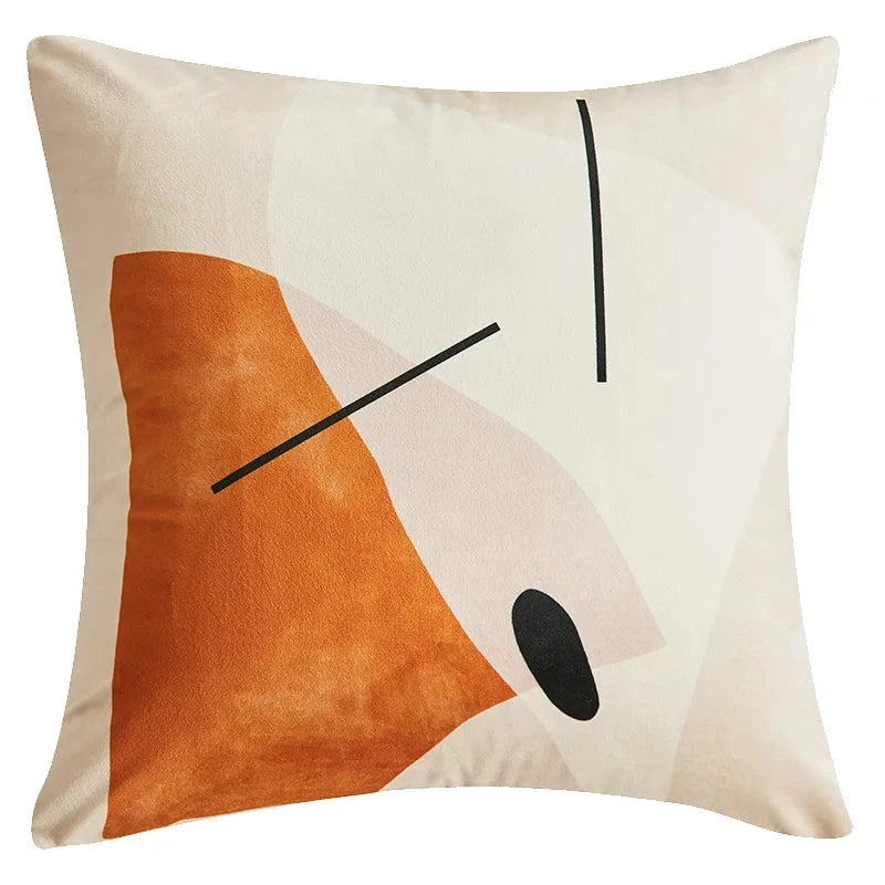 Housse de Coussin 50x50 Terracotta Imprimé avec un design abstrait minimaliste comprenant des formes géométriques et organiques en orange brûlé, beige pâle et noir, avec une texture évoquant le velours ou le coton.- de face