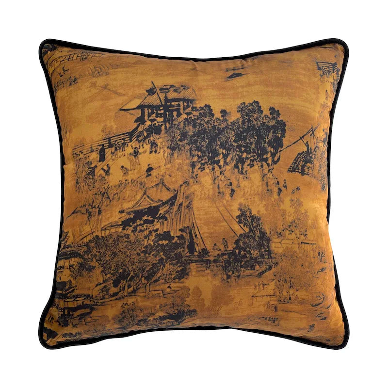 housse de coussin jaune et noir de style oriental avec un motif de paysage traditionnel chinois en jaune orangé et noir - de face