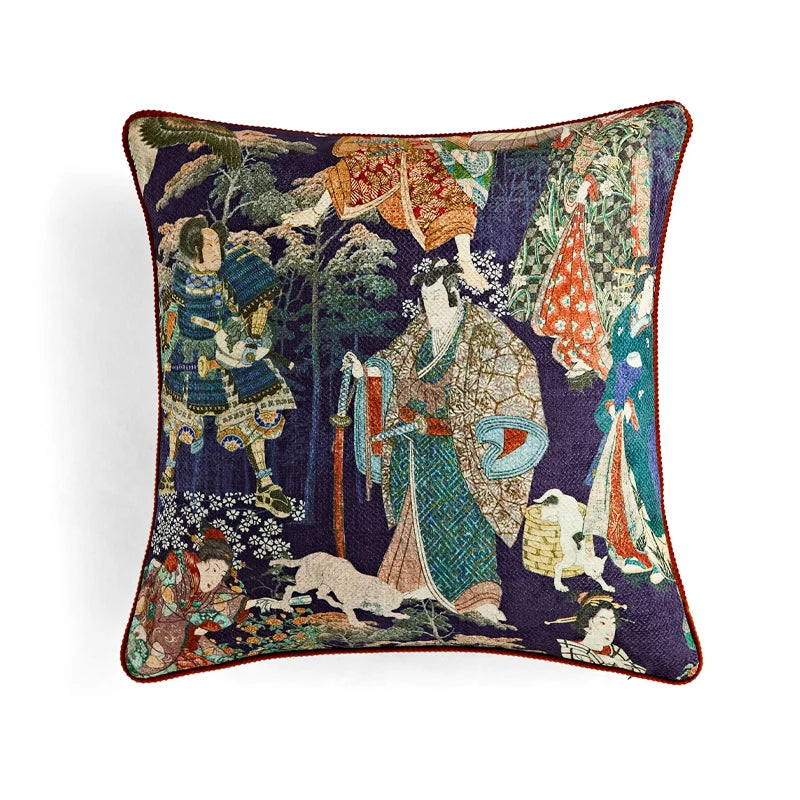 Housse de Coussin Bleu et Ecru inspirée de l'art japonais traditionnel, représentant des personnages en kimonos et armures dans un décor de forêt orné de motifs floraux et d'arbres - de face