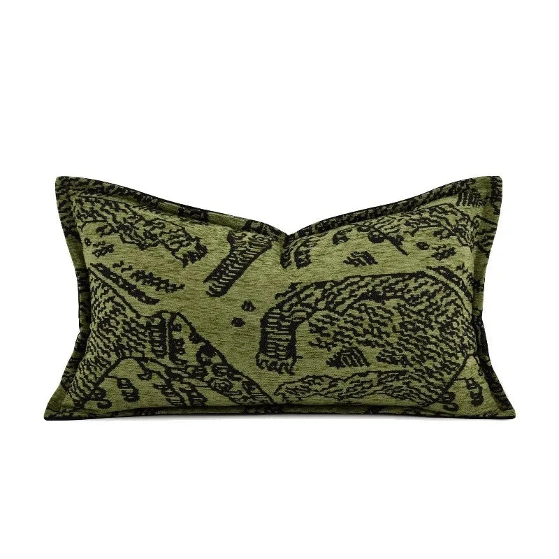  Housse de Coussin Vert Kaki décoratif avec un motif animalier noir sur un fond vert, bordures vertes, texture tissée - version rectangle