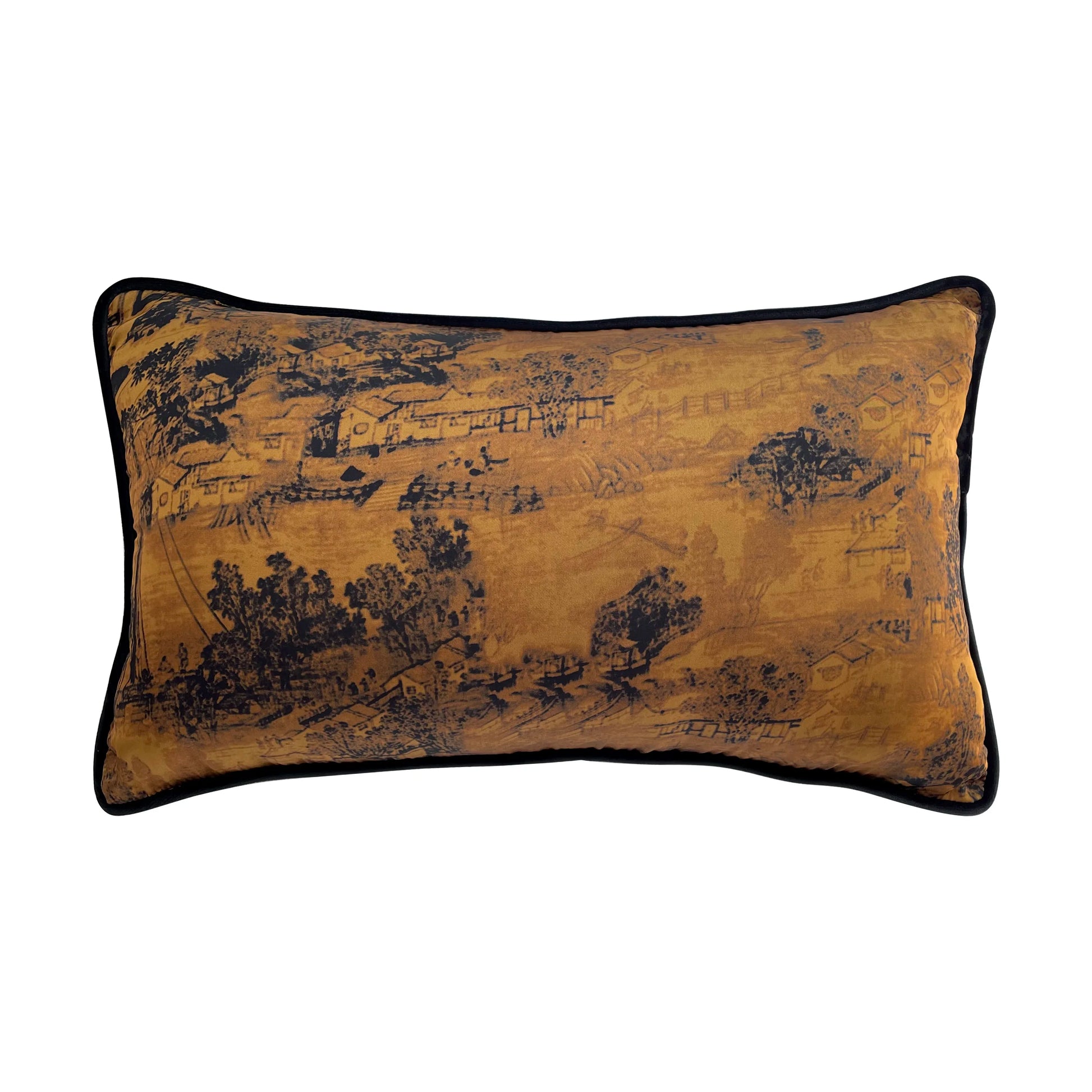 housse de coussin jaune et noir de style oriental avec un motif de paysage traditionnel chinois en jaune orangé et noir - version rectangle