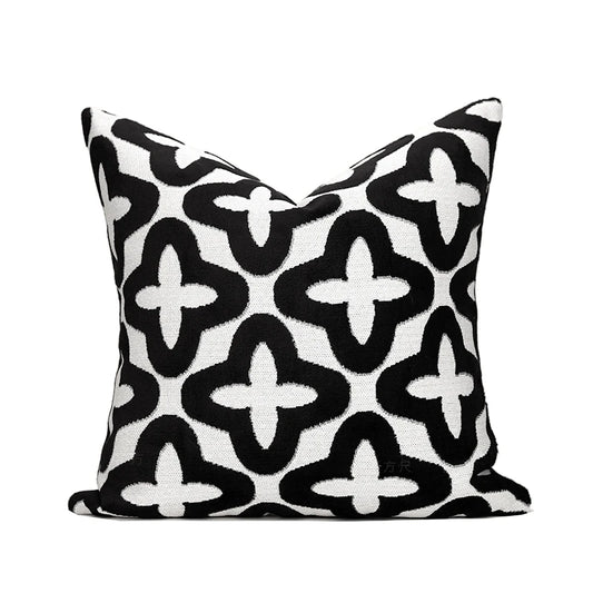 Housses de Coussins Noir et Blanc décoratif carré avec un motif géométrique noir et blanc en croix - de face