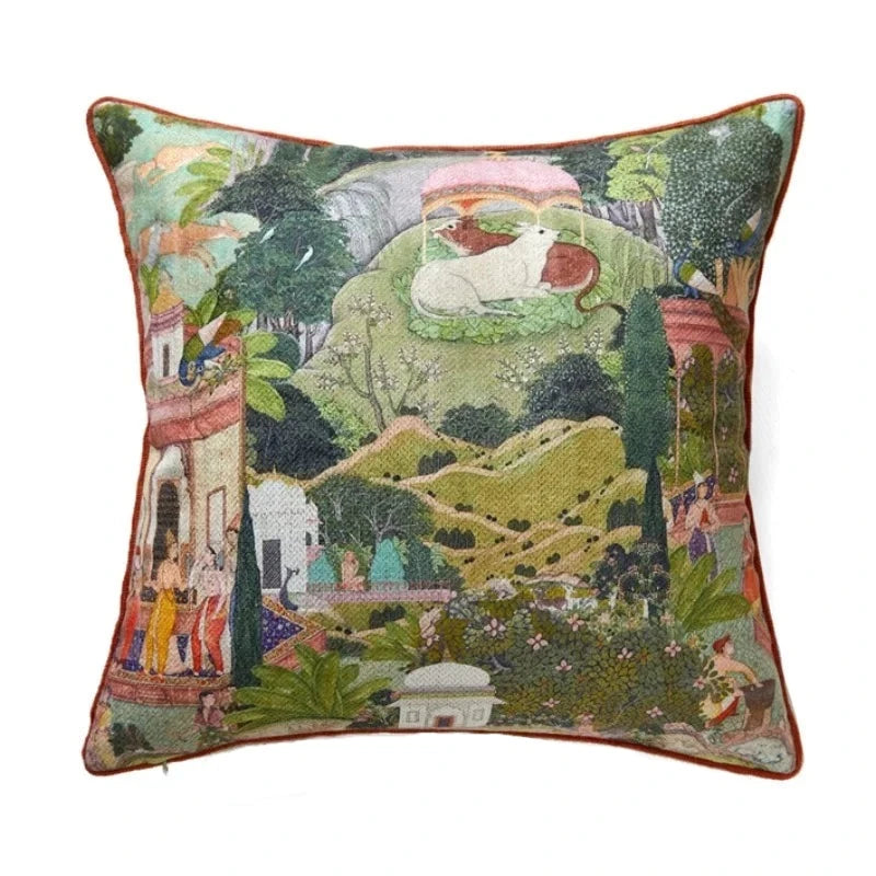 Housse de Coussin 50x50 Vert Anis détaillée inspirée de l'art miniature indien avec une vache blanche sous un parasol, un paysage luxuriant, des collines et des cascades, entourée de scènes architecturales et humaines typiques des miniatures mogholes - de face en 50x50