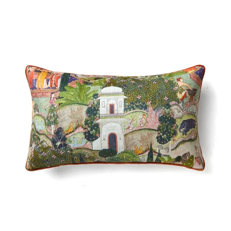 Housse de Coussin 50x50 Vert Anis détaillée inspirée de l'art miniature indien avec une vache blanche sous un parasol, un paysage luxuriant, des collines et des cascades, entourée de scènes architecturales et humaines typiques des miniatures mogholes - version rectangulaire