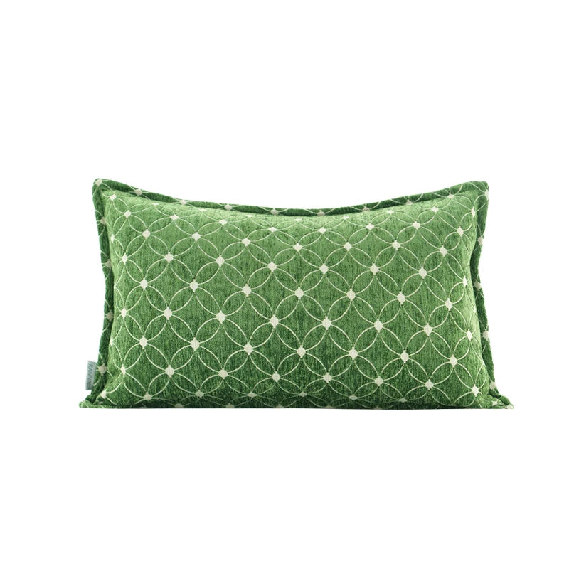 Housse de Coussin 50x50 Vert et Blanc avec un motif circulaire blanc entrecroisé, placé contre un fond blanc - version rectangulaire