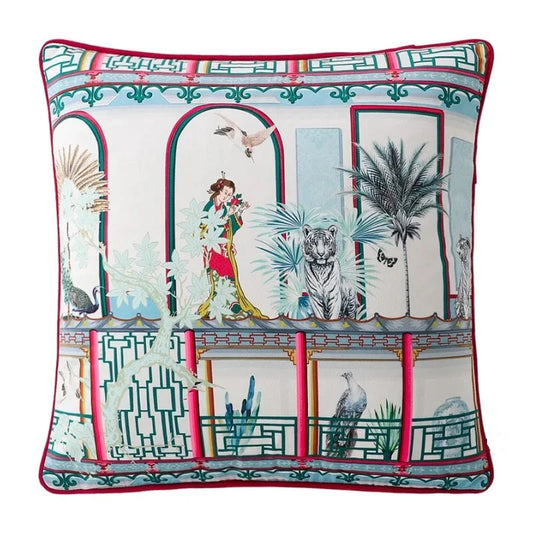 Housse de Coussin en Velours Doux  avec un design inspiré de l'Asie, représentant une scène traditionnelle avec une femme en tenue colorée, un tigre, des plantes exotiques et des oiseaux, entourée de motifs géométriques et de colonnes, avec une bordure rouge - de face