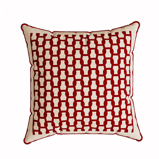 Housse de Coussin Motifs Rouges géométriques en forme de chaîne, avec une bordure rouge - de face