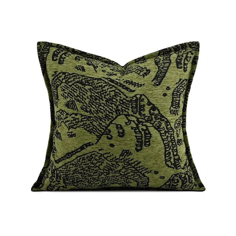 Housse de Coussin Vert Kaki décoratif avec un motif animalier noir sur un fond vert, bordures vertes, texture tissée - de face